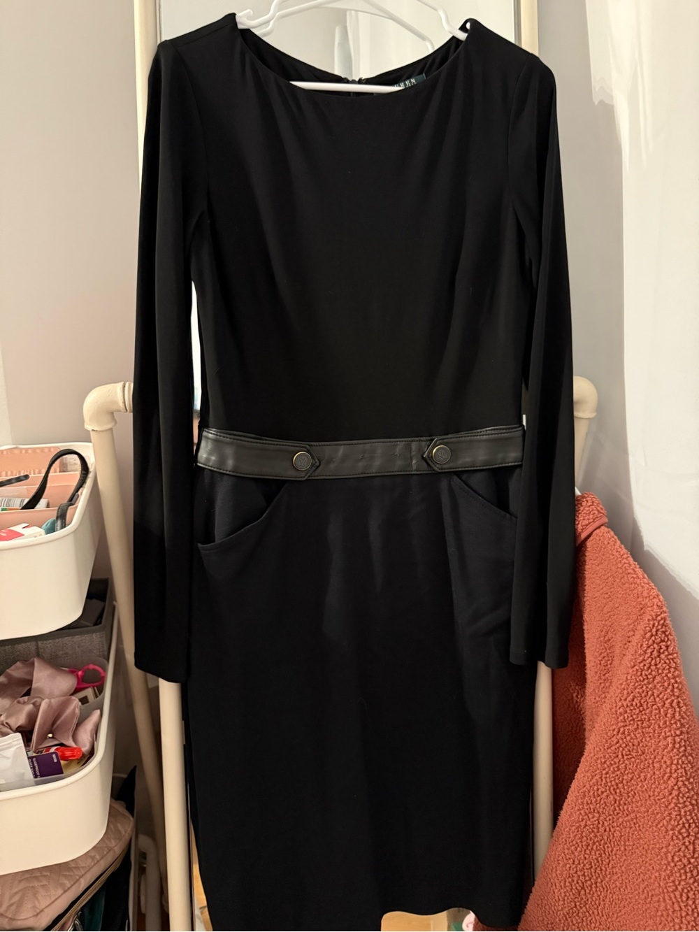 Lauren Ralph Lauren Black Long Sleeve Faux Leather Belt Dress - Size 6